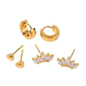 Three-pair set of gold stainless steel pearl hammered hoop earrings and zircon studs