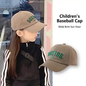 Kids khaki cotton baseball cap with green Boston embroidery and sun protection brim