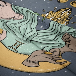 Detail showing the fabric texture and Gemini astrological print on this mystical tapestry