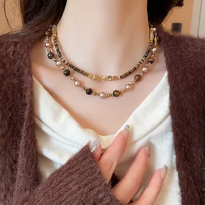 Retro Maillard Tiger Eye Stone Imitation Artificial Pearl Beaded Choker Necklace Double Layered Alloy Jewelry For Women Girls