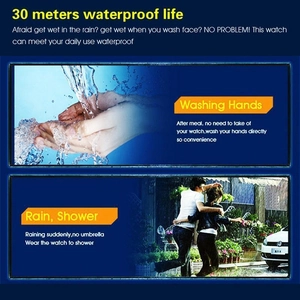 Detail showing 30m water resistance performance for hand washing and rain scenarios