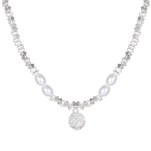 Silver bead and pearl necklace with heart pendant, minimalist fashion accessory for women