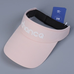 Pink sun visor hat with chance embroidery and UPF 50 plus protective tag on grey background