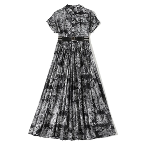 Short-sleeved white shirt dress with black animal print and black waist belt