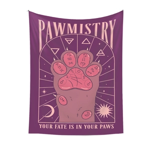Deep purple cat paw tapestry with pawmistry astrology symbols for room wall decor