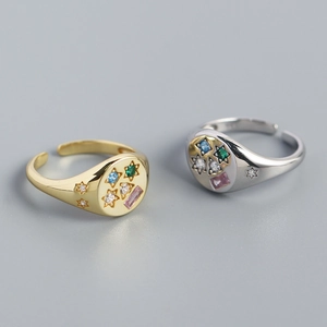S925 sterling silver star rings with colorful zircon in gold and silver finishes