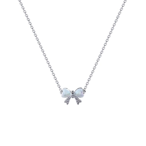 Silver titanium steel necklace with elegant pearl butterfly pendant and shiny zircon inlay