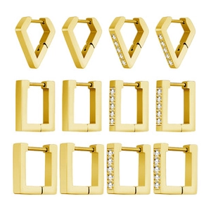 Detailed view of titanium steel geometric earrings set with rhinestones in gold finish