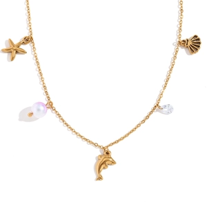 Vintage 18K gold plated stainless steel necklace with starfish, shell and dolphin charms