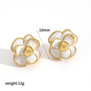 Golden camellia flower stud earrings with white enamel finish and 19mm diameter