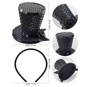Detailed size chart of black sequin mini top hat headband with bow and dimensions