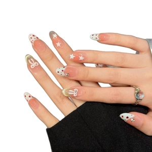 Faux ongles œil de chat léopard rose avec nœuds 3D et étoiles forme amande