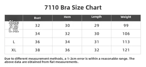 Size chart for high impact sports bra showing bust, hem and length in centimeters