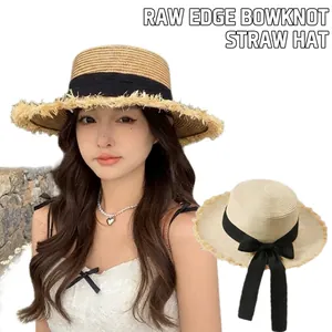 Women Summer Straw Boater Hat Wide Brim Frayed Edge Sun Shade Beach Vacation Ribbon Bow Flat Top Breathable