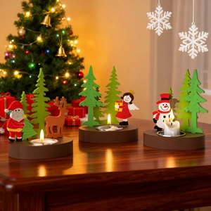 Three-piece Christmas wooden tealight candle holder set featuring Santa and snowman