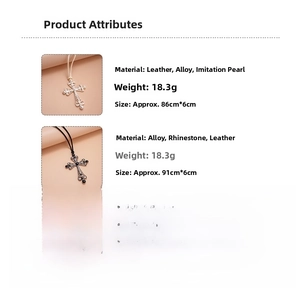 Detail view of leather and pearl cross necklaces with specific measurements and weights