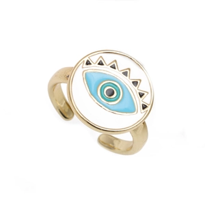Gold evil eye open ring with colorful enamel disc and minimalist adjustable band