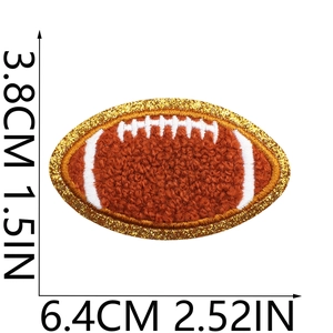 Detailed size view of brown chenille rugby patch with gold glitter and white stitching