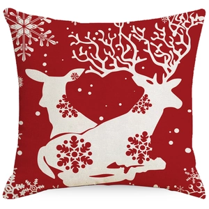Red Christmas linen pillowcase with white reindeer and snowflakes for festive decor