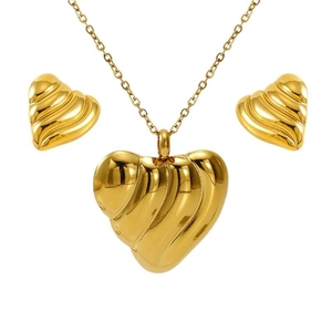 18K gold plated stainless steel heart necklace and earrings set with wavy texture