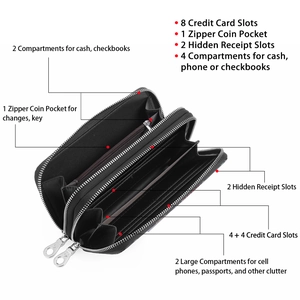 Black leather long wallet with double zipper showing spacious interior card slots