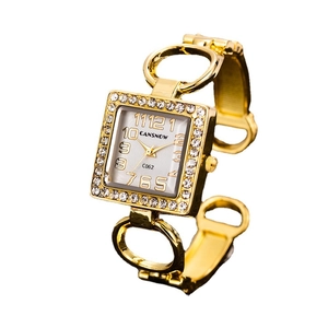 Gold open cuff watch for women with square diamond dial and hollow chain strap