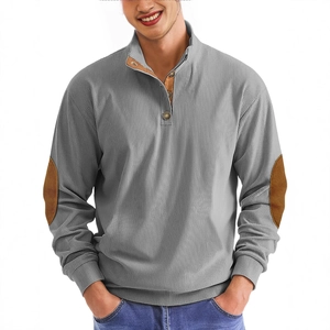 Men's grey corduroy knit pullover with stand collar and stylish brown elbow patches