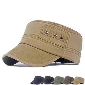 Men's khaki cotton cadet cap with flat top design and breathable side metal eyelets