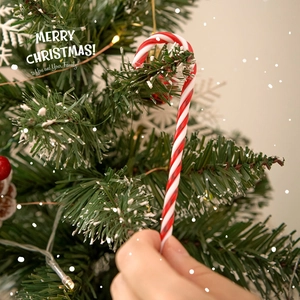 Red and white striped Christmas candy cane ornaments hanging on a festive Xmas tree