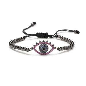 Adjustable Evil Eye beaded bracelet with micro-paved cubic zirconia in gunmetal finish