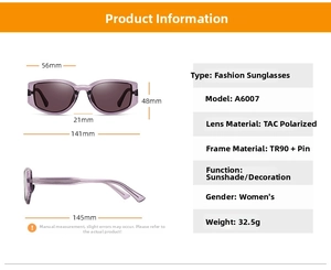 Sizing chart and technical specifications for polarized TR90 women's sunglasses