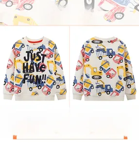 Detail of boys crewneck sweatshirt featuring colorful construction vehicle print and text