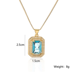 Detailed view of gold necklace with blue square pendant showing 2.5cm size and 8g weight