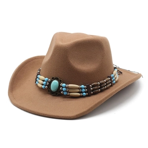 Chapeau de cowboy classique en feutre de laine marron avec ruban perlé style bohème