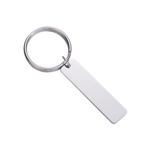 Polished silver stainless steel rectangular bar pendant on key ring with mirror finish