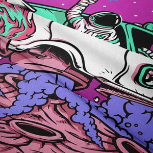 Macro view of micro-fleece tapestry with colorful astronaut space illustration