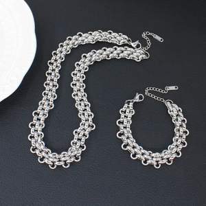 Silver stainless steel chain necklace and bracelet set with chunky double ring link design