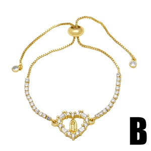 Gold heart bracelet with Virgin Mary pendant and clear zircon accents on box chain