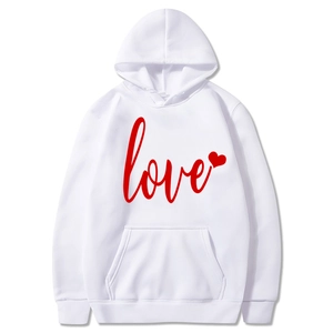 White pullover hoodie with red love lettering and heart print for Valentine's Day style