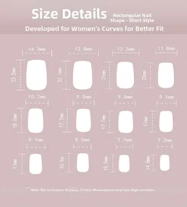 Detailed size chart for rose red press-on nails with 12 sizes and measurements