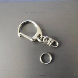 Detail of silver metallic saddle keychain with horseshoe buckle and lobster clasp