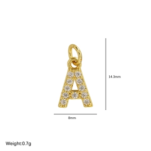 18k gold plated brass letter A pendant with clear zircons, size 14.3mm x 8mm, weight 0.7g