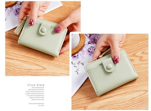 Detail of light green litchi texture wallet with snap button and stylish tassel charm