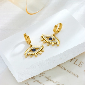 Gold-plated stainless steel evil eye drop earrings with blue crystal and cubic zirconia
