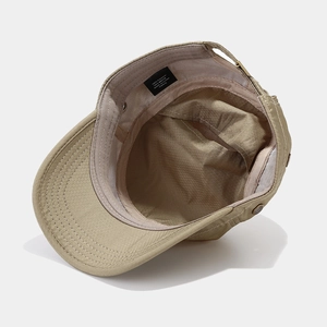 Khaki flat top military cap made of breathable quick-dry polyester with metal buckle