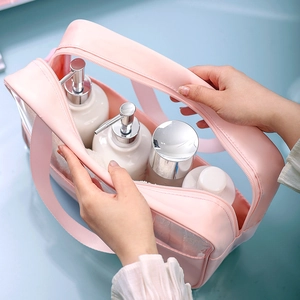 Pink transparent waterproof PVC makeup bag with large capacity for travel toiletries
