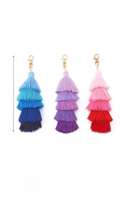 Detailed view of 5-layer gradient polyester tassel pendant with a golden metal clasp