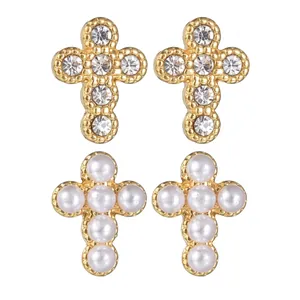 Cross Stud Earrings Retro French Style Dainty Stainless Steel Rhinestone Artificial Pearl Vintage Religious Jewelry For Women