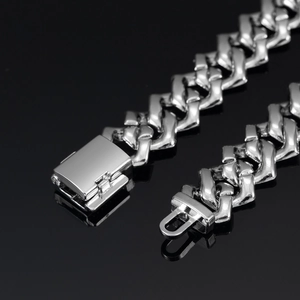 Close-up of high-quality silver Cuban link chain with 15mm square clasp and metallic shine
