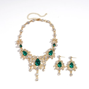 Luxus-Schmuckset mit Blattmotiven, smaragdgrünem Harz und funkelnden Strasssteinen